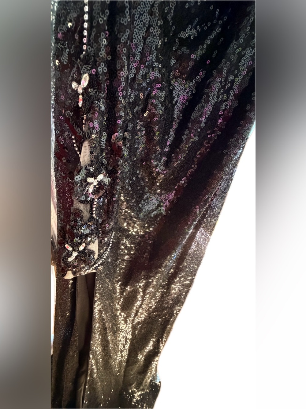 JVN by Jovani Black Sequin Spaghetti Strap Slit Gown - Picture 3 of 7